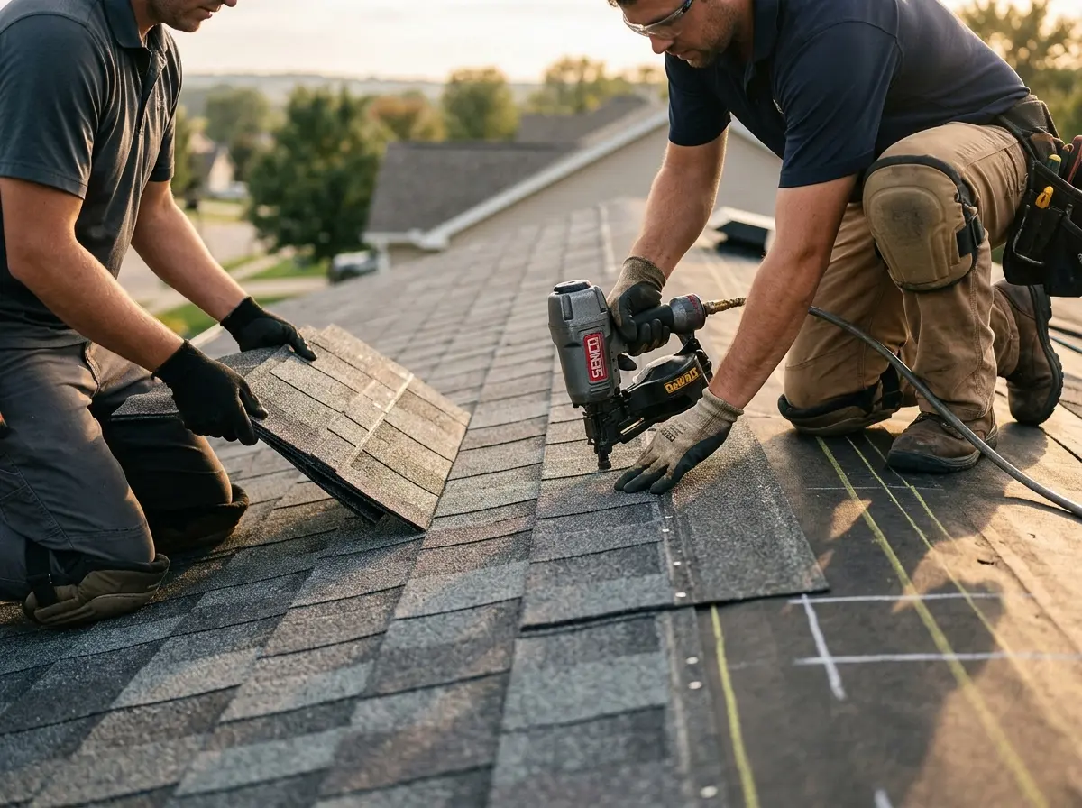 Professional roofer working on a residential roof in Goshen